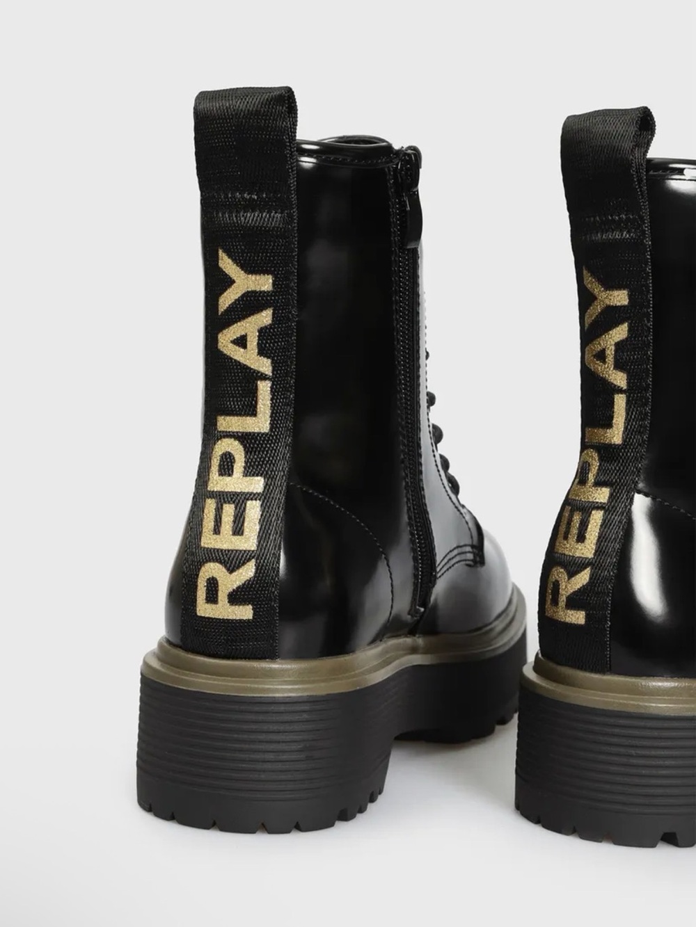 Replay Black High-Shine Lace-Up Platform Boots with Khaki Trim - Picture 2 of 9